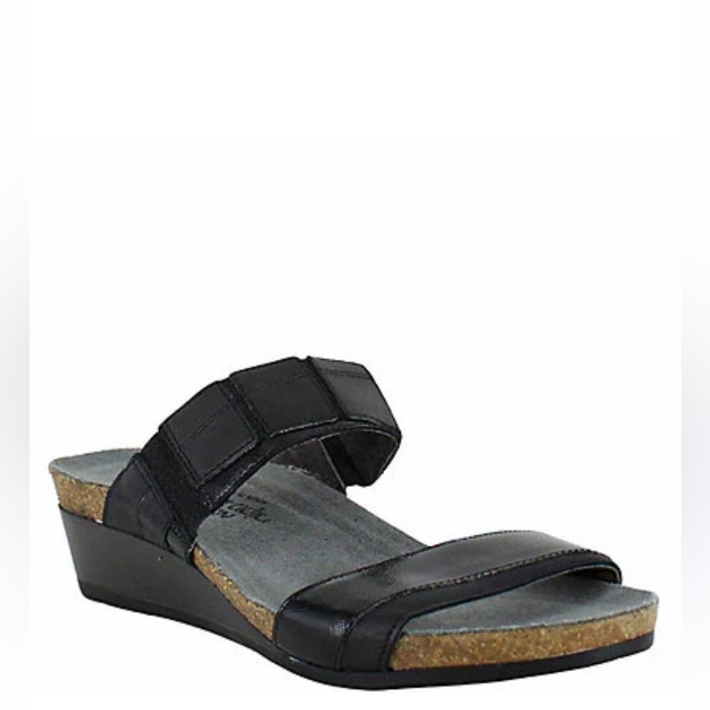 EUC Naot Leather Wedge Slide Sandals Royalty Black